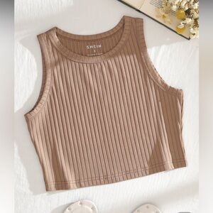 SHEIN Women's T-Shirt Solid Rib Knit Tank Top - mocha brown, Size Medium